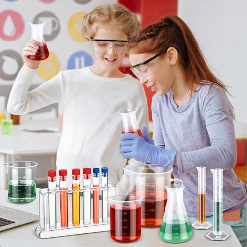 Baderke 28 Pcs Plastic Beakers Test Tubes with Graduated Cylinder Flask