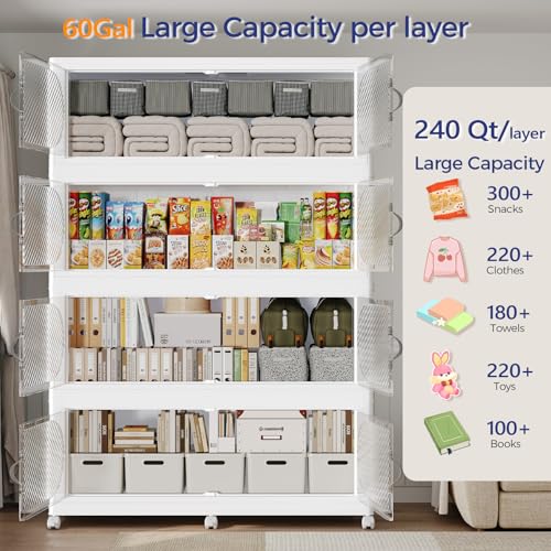 720QT Extra Large Stackable Storage Bins with Lid, 180Gal Plastic Closet Organizers and Storage Drawer, Collapsible Cabinet Box with Wheels Clear Doors for Home Kitchen Office, 3Pack White - size: 240QT