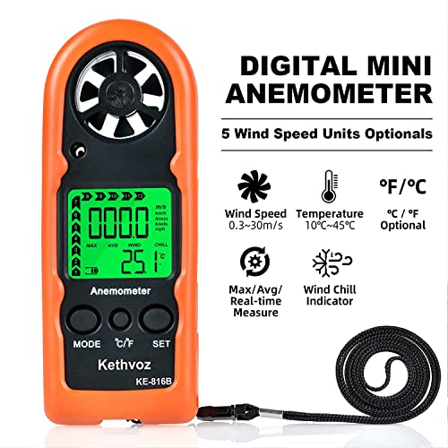 Anemometer Handheld Wind Meter 65mph, Kethvoz Mini Air Velocity Gauge 816B - color: Mini Anemometer 816B