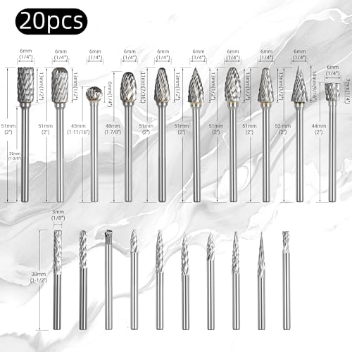 CATITO 20Pcs Carbide Burr Set 1/8" Shank Die Grinder Bits Rotary File Rasp Attachments Cutting Burrs Metal Grinding Engraving Porting - size: 20PCS-2