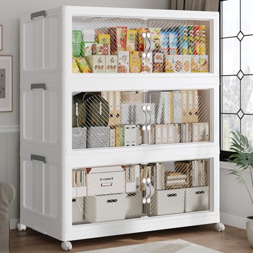 360QT Extra Large Stackable Storage Bins with Lid, 90Gal Plastic Closet Organizers and Storage Drawer, Collapsible Cabinet Box with Wheels Clear Doors for Home Kitchen Garage, 3Pack White - color: White, size: 120QT-3Pack