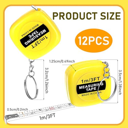 Grevosea 12 Pieces Mini Tape Measure Keychains, 2 Inch Functional Small Tape Measures Keychains with Stable Slide Lock Pocket Portable Tape for Birthday Party Favors Gift Bag Fillers Prize 1 m/ 3 Ft - color: 12 Pcs Yellow 2 Inch