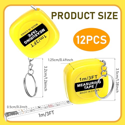 Grevosea 12 Pieces Mini Tape Measure Keychains, 2 Inch Functional Small Tape Measures Keychains with Stable Slide Lock Pocket Portable Tape for Birthday Party Favors Gift Bag Fillers Prize 1 m/ 3 Ft - color: 12 Pcs Yellow 2 Inch