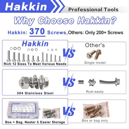 370PCS Metric Flange Bolt Assortment, M6x1.0, M8x1.25, M10x1.5 (12mm to 40mm) Hex Head Bolts and Nuts Assortment, Stainless Steel 304 Flange Bolts Nuts Washers Kit Hakkin, Hex Socket Included - size: L. M6 M8 M10