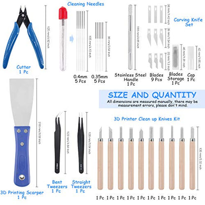 Glarks 34Pieces 3D Printer Nozzle Cleaning Removal Tool Kit, Including 0.35mm 0.4mm Cleaning Needles, Wood Carving Tools Kit, Knife Clean Up Kit, Tweezers, Scraper, Wire Cutter