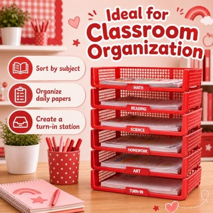 6 Pcs Red Turn in Trays Classroom, Stackable Paper Bins for Classroom, 13x9x2.8 inch Plastic Baskets Desktop Organization System Office (Red) - color: Red
