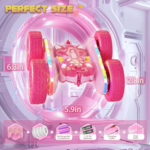Terucle Remote Control Car for Girls, Pink RC Cars Stunt RC Car Girl Toys for Girls Double-Sided 360° Rotating with Headlights 4WD Kid Toys for Birthday Gifts (Pink) - color: Pink