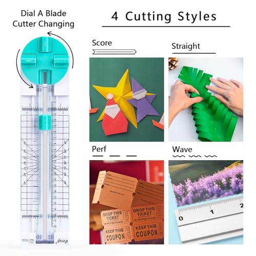 Paper Trimmer Craft Paper Cutter: 4 Style Multi-Function Scrapbooking Tool with Dial Blades of Straight,Wave,Dotted,Perforated,Creasing for Cutting Paper,Coupons,Photos,Postcards,Scrapbook,Card - color: green