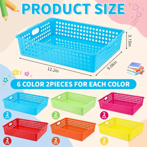 12 Pack Turn in Trays for Classroom, Stackable Plastic Paper Baskets with Handles, Letter Size A4 Teacher Desk Organizer Bins for Classroom Organization (Rainbow Colors) - color: Rainbow Colors