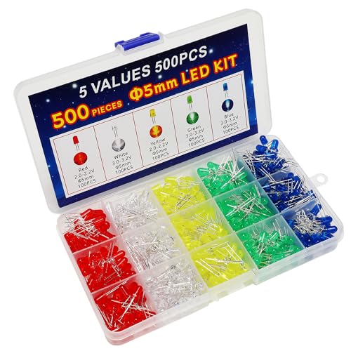 500 Pcs 5mm LED Diode Lights Assored Kit, Variety Color Electronics Components, Light Emitting Diodes for DIY Project, White/Red/Yellow/Green/Blue
