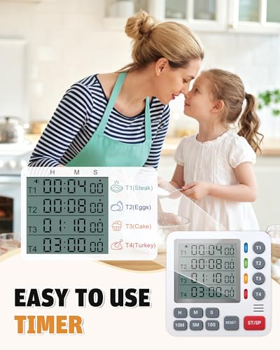 TPNEG Digital Kitchen Timer - 4-Channel Cooking Timer with Alarm, Magnetic Back, Loud & Silent Modes, Count Up/Down, Ideal for ovens, Seniors, Kids and classrooms, Replaceable AAA Battery - color: White