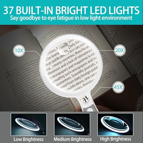 Large Magnifying Glass with 37 LED Light, 10X 20X 45X Handheld Illuminated - color: White & Grey, size: Magnifier with Light (No Case)