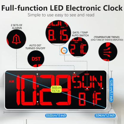 13.7" Large Digital Timer Wall Clock with Remote Control, Count Down Up Digital Timer, Auto DST LED Big Digital Clock for Bedroom Kitchen Living Room Office Gym Home Decor, Red
