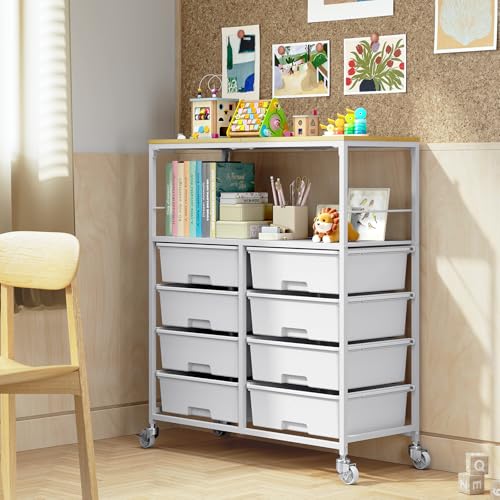 APEXCHASER Rolling Storage Cart with 8 Large Drawers, Wooden Tabletop - color: White