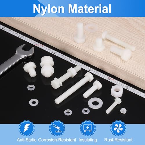 uxcell 300 Pcs/100 Sets Nylon Hex Bolts, M8 x 20mm Plastic Full Threaded Hex Head Screws Bolts and Nuts with Flat Washers for Machinery Electronics Industrial Accessories, White - size: M8 x 20mm