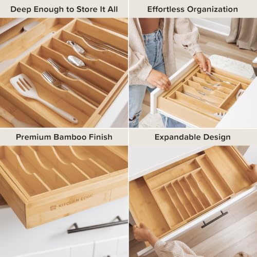 KitchenEdge Silverware & Utensil Organizer | Natural Bamboo, 18-33 In - color: Natural Bamboo, size: From 18" to 33" Wide