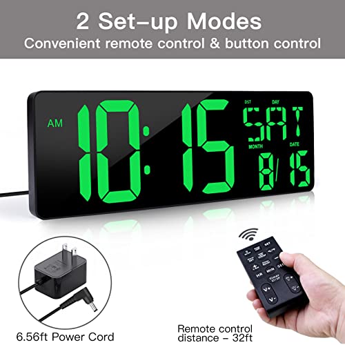 XREXS Large Digital Wall Clock with Remote Control, 16.5 Inch LED Display, Count Up & Down Timer, Adjustable Brightness, Plug-in Alarm Clock with Day/Date/Temperature for Home, Gym, Classroom - color: Green