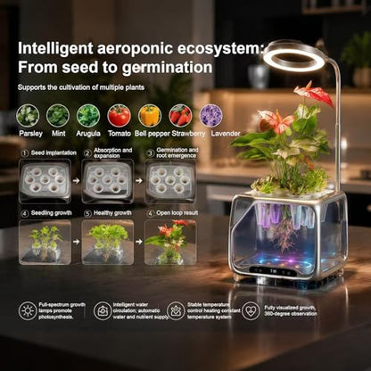 Misting Aeroponics Growing System, Smart Indoor Garden with Grow Light & Humidifier, Visual Root View, RGB Mood Light, Temperature Control, Hydroponic Planter Gift for Plant/Mushroom/Herb