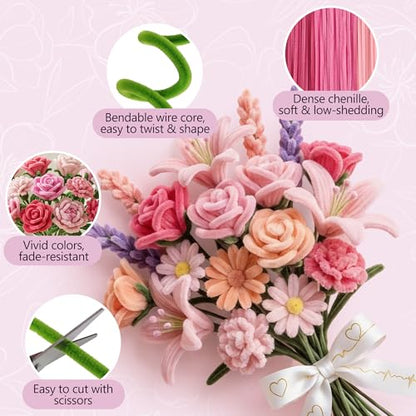 EARLY MINDS 800Pcs Pipe Cleaner Flower Kit with Tutorial, 8 Colors - color: pink
