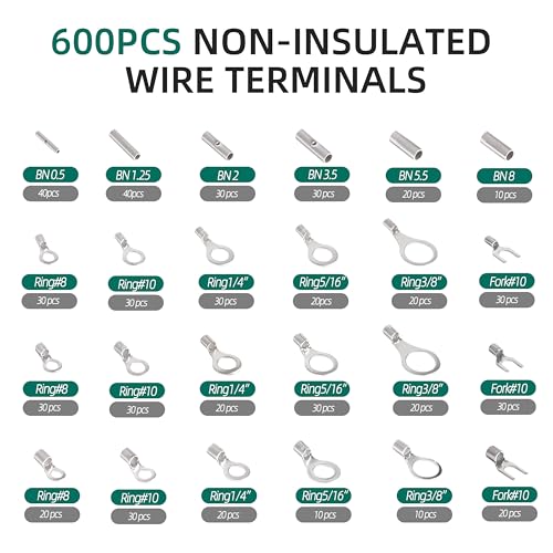 600PCS Non Insulated Ring Terminal Set Wire Crimp Connectors for Automotive