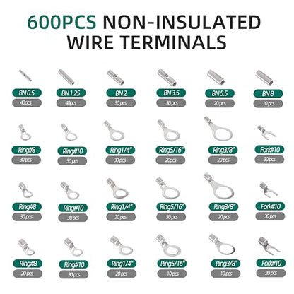 600PCS Non Insulated Ring Terminal Set Wire Crimp Connectors for Automotive