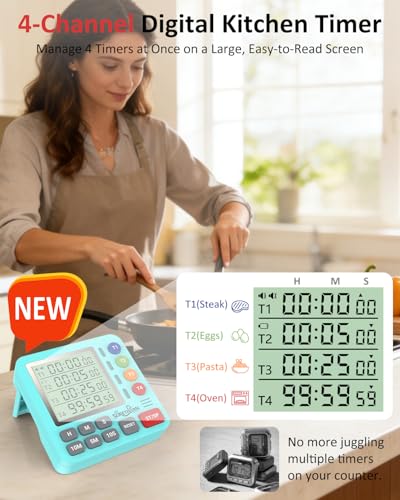 Digital Kitchen Timer with 4 Channel, Loud Alarm and Silent Mode - color: Mint Green