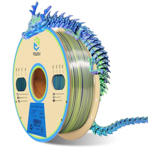 YOUSU 3D Printer Filament, Tri-Colors PLA Filament 1.75mm, Coextrusion Silk PLA Filament, Rainbow PLA Filament with Silk PLA Blue-Purple-Yellow, 3D Printing Filament +/-0.02mm, 1kg/2.2lbs - color: 1-blue/Purple/Yellow