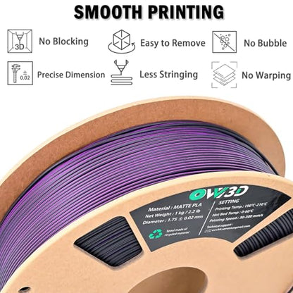 OVV3D Dual Color PLA Filament 1.75mm, Black Purple Matte PLA 3D Printer Filament, Multi Color Change 3D Printing Filament for Most FDM 3D Printer, Halloween Filament 1kg Spool - color: Matte Black Purple