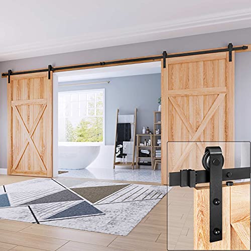 EaseLife 16 FT Double Door Sliding Barn Door Hardware Track Kit,Basic J Pulley,Slide Smoothly Quietly,Easy Install (16FT Track Kit for Double 48" Wide Door) - size: 16 Feet
