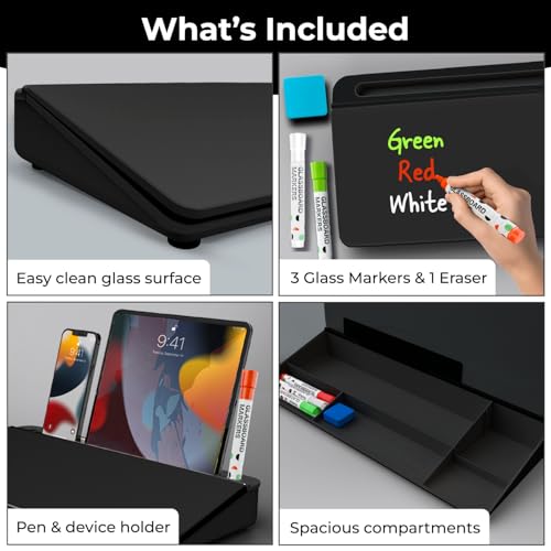 Chalkola Black Glass Desktop Whiteboard with Storage - Desk Organizer Buddy - color: Black