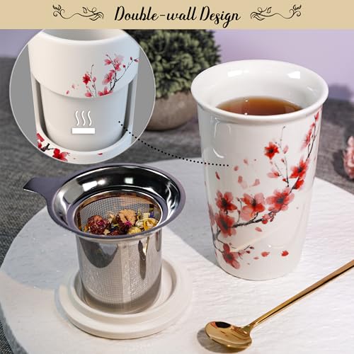 Tea Gift Set for Women - 6 Herbal Loose Leaf Tea Blends, Insulated Ceramic Cup with Infuser & Lid | Birthday, Mother's Day, Anniversary & Retirement Gift for Her - color: Cherry Blossom