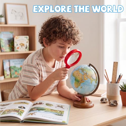 Lewtemi Kids Science Learning Toys Kids Magnifying Glass with Stand Grasp Jumbo Magnifiers 3X Magnification Exploration Preschool Learning Toys for Reading Book Map Insect (Red) - color: Red