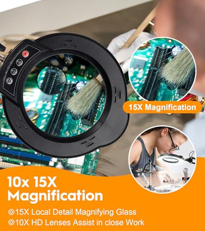 10X 15X Magnifying Glass with Light and Stand, LED Desk Magnifying Lamp with Base and Clamp, 5 Color Modes, 10 Dimmable Levels Lighted Desktop Magnifier for Reading, Crafts, Jewelry, Sewing