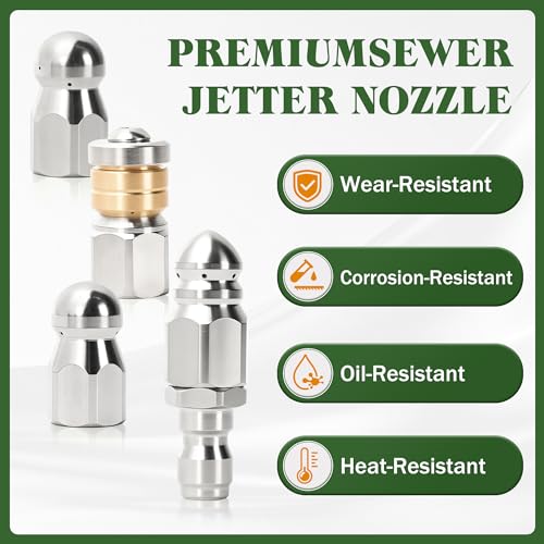 Sewer Jetter Nozzle Kit 4-Pack, Stainless Steel Drain Cleaning Tips with Rotating, Button Nose, Pointed & Corner Nozzles, 1/4'' Quick Connect, Up to 5000 PSI Pressure Washer - color: 4-Pack