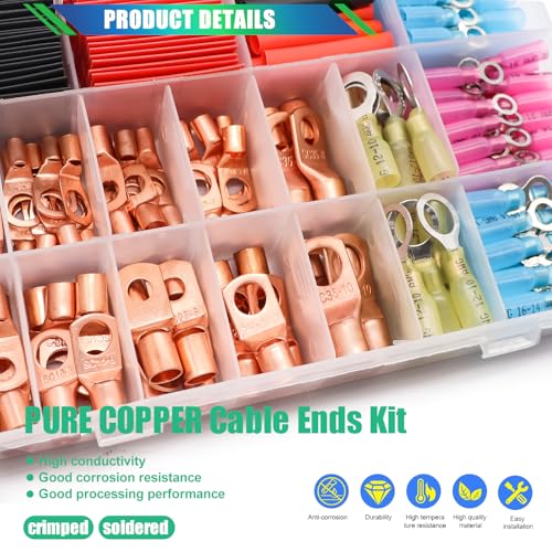 Twidec/180PCS Battery Cable Ends AWG 2 4 6 8 10 12 14 16 Gauge Copper Cable Wire Lugs,Ring Terminals Connectors,Copper Ring Terminals Connectors with Heat Shrink N-105-180PCS - color: 180PCS