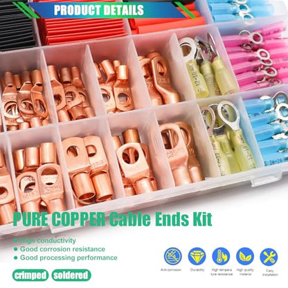 Twidec/180PCS Battery Cable Ends AWG 2 4 6 8 10 12 14 16 Gauge Copper Cable Wire Lugs,Ring Terminals Connectors,Copper Ring Terminals Connectors with Heat Shrink N-105-180PCS - color: 180PCS