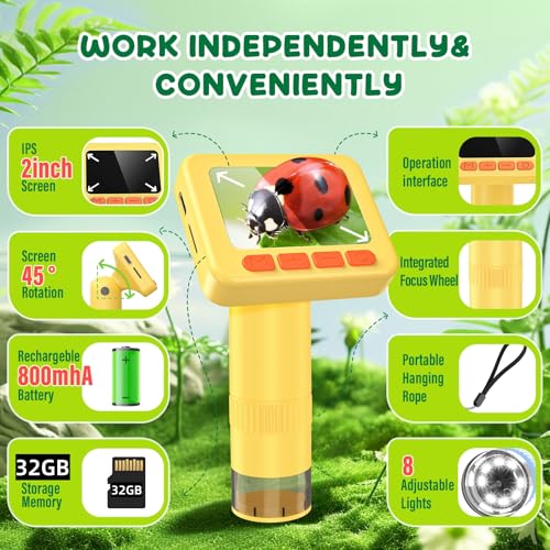 IMICHI Microscope for Kids 50X-1000X 2 inch IPS HD Screen, 32GB Storage Card, 1080P Video, 2-Hour Battery Life, Easy Carry, Slides Included - Perfect Science Kit Gift for Kids Ages 8-12 Yellow - color: Yellow