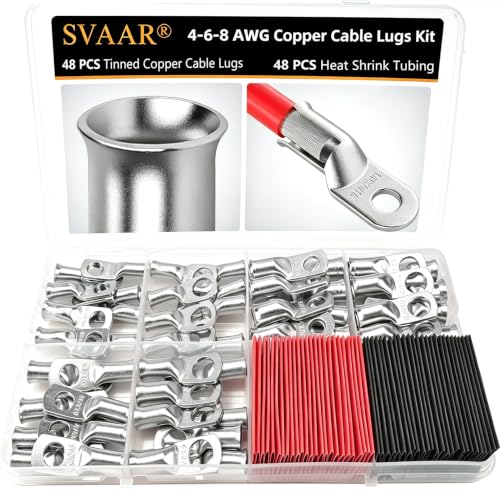 SVAAR 4 6 8 AWG Battery Cable Lug kit, 4-6-8 Gauge Tinned Copper Battery Lugs Heavy Duty Wire Lugs with 5/16" or 3/8" Stud Battery Cable Closed End Tubular Ring Terminals Connectors with Heat Shrinks - color: Tinned Copper