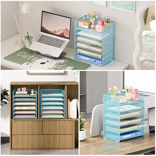 Subekyu 6-Tier Desk Paper Organizer, Desktop File Letter Tray with Handle, Document Sorter and Accessories Holder for Office, Home and School Workspace Organizers, Blue-2 Pack - color: 2 Pack 6-tier - Blue