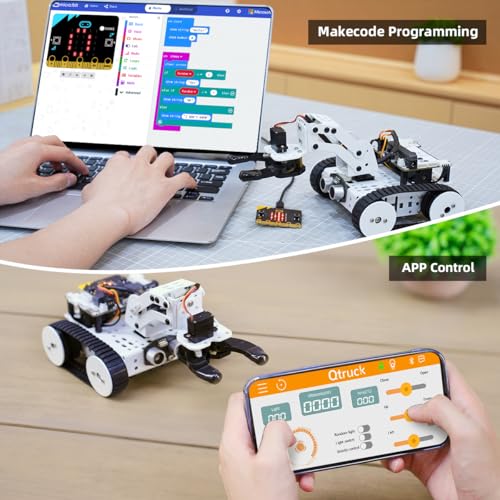 Qtruck 4-in-1 Smart Robot Car for Micro:bit V2 Programming STEM Project Educational Robot Kit Tracked Tank Car for Robotic Beginner Learn Micro:bit Graphical Makecode Coding Car (with Micro:bit V2)