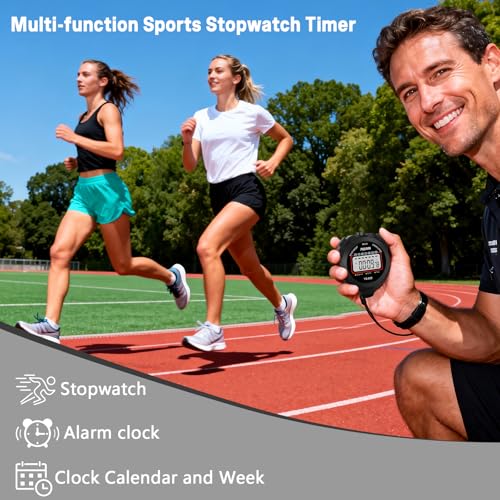 Stopwatch Timer, Digital Stop-Watch for Sports, Black - color: Black