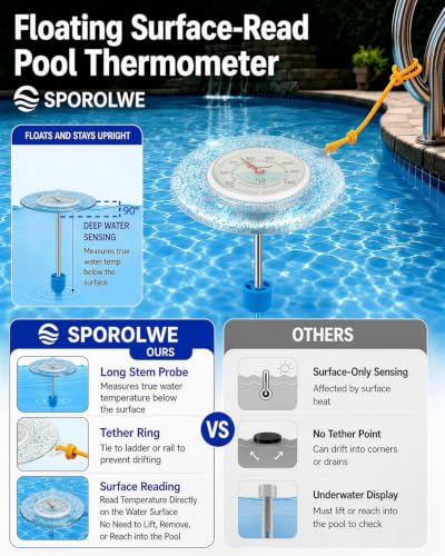 Glow Dial Floating Pool Thermometer Easy Read - Glitter Water Temp Gauge - color: Pool Thermometer - Blue