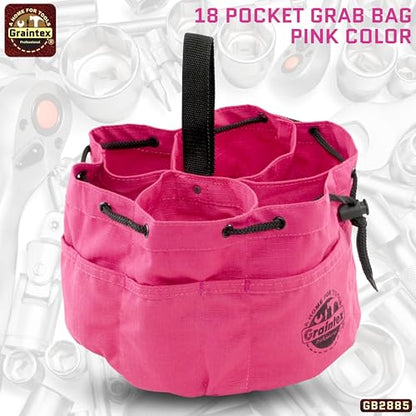 Graintex GB2885 18 Pockets Grab Bag Pink Color Rip-Stop Canvas Drawstring Closure, Small Parts Organizer Bag, Parachute for Screws, Tools, - color: Pink