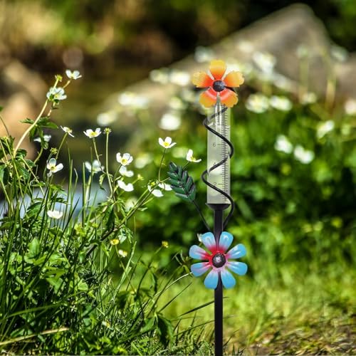 Flower Rain Gauge Outdoor, 5 Inch Glass Tube Freeez-Proof Metal Stake Weather-Resistant Rain Gauge-Lawn and Garden Yard Decor for Accurate Precipitation Measurement