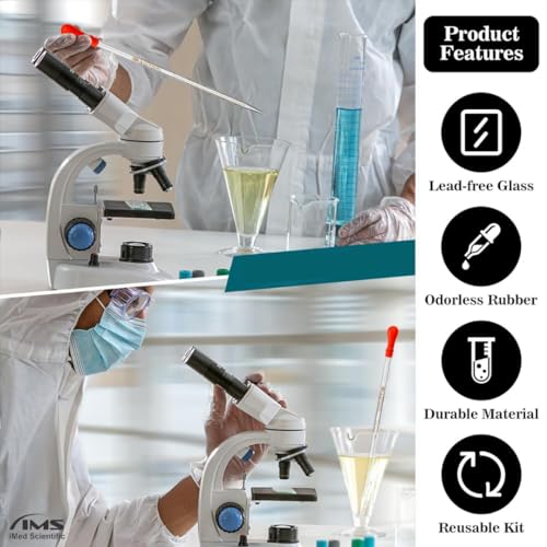 Multipurpose Glass Pipettes Droppers, 1ml Graduated, Red Rubber Head, Straight-Tip Calibrated Thick Glass to Transfer Fluid, Liquids, Essential Oils, Accurate Easy Dose & Measurement - 8" Long