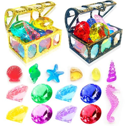 60Pcs Diving Gems Pool Toys Big Colorful Diamonds Set with Treasure Chest - color: Gold Bronze Chest + Shells Gems