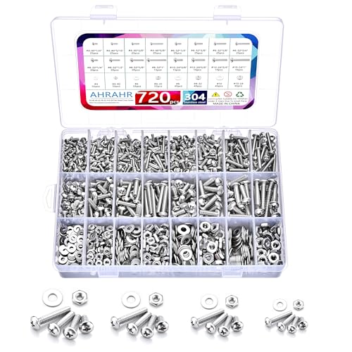 720Pcs 304 Stainless Steel Machine Screws Assortment Kit, Phillips Pan Head #4-40#6-32#8-32#10-24 Coarse Thread Screws Nuts Flat Washers Set with Reusable Storage Case for DIY Household Repair - color: Silver-Phillips Pan Head