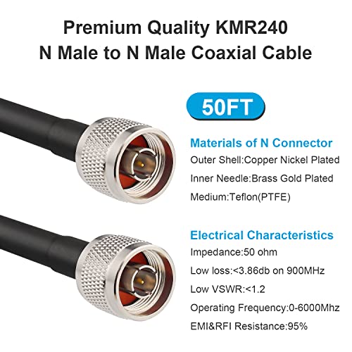 MOOKEERF KMR240 N Cable - 50FT Ultra Low Loss N Male to N Male Cable Pure Copper 50 ohm for Antenna,WiFi Router,Signal Booster, Amplifier - size: 50FT