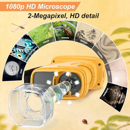 Kids Microscope,1000X HD Digital Handheld Mini Microscope 2.4" IPS Screen - color: Yellow