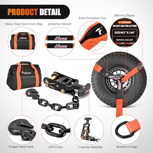 Nilight 2" x 96" Lasso Style Car Tie Down Straps with Chain Hook Anchors - color: 2in x 96in Wheel Straps 4 Pack